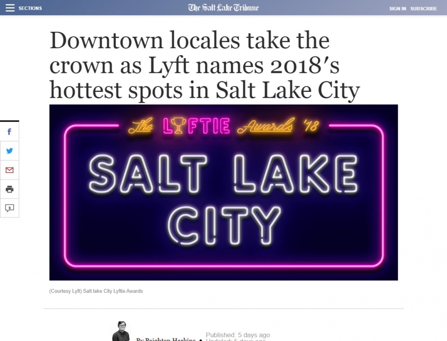 Salt Lake Tribune - Downtown locales take the crown as Lyft names 2018′s hottest spots in Salt Lake City